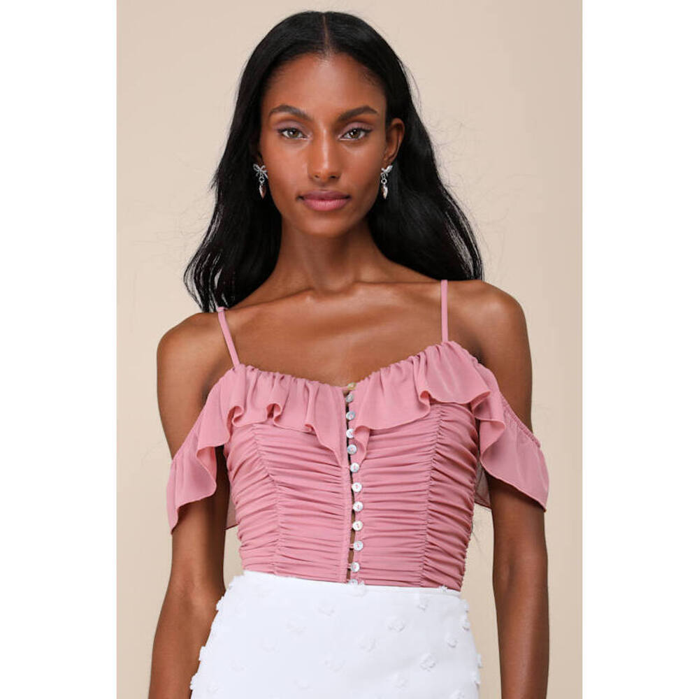 Lulus Elegant Posture Mauve Pink Mesh Ruched Cold-shoulder Bodysuit - Size XL
